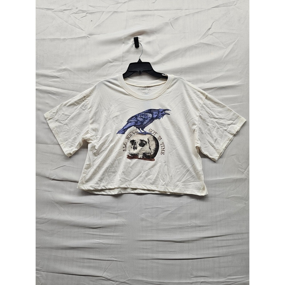 Modern Lux Raven Skull Graphic Crop T-Shirt XL White All Weve Got Is‎ Time